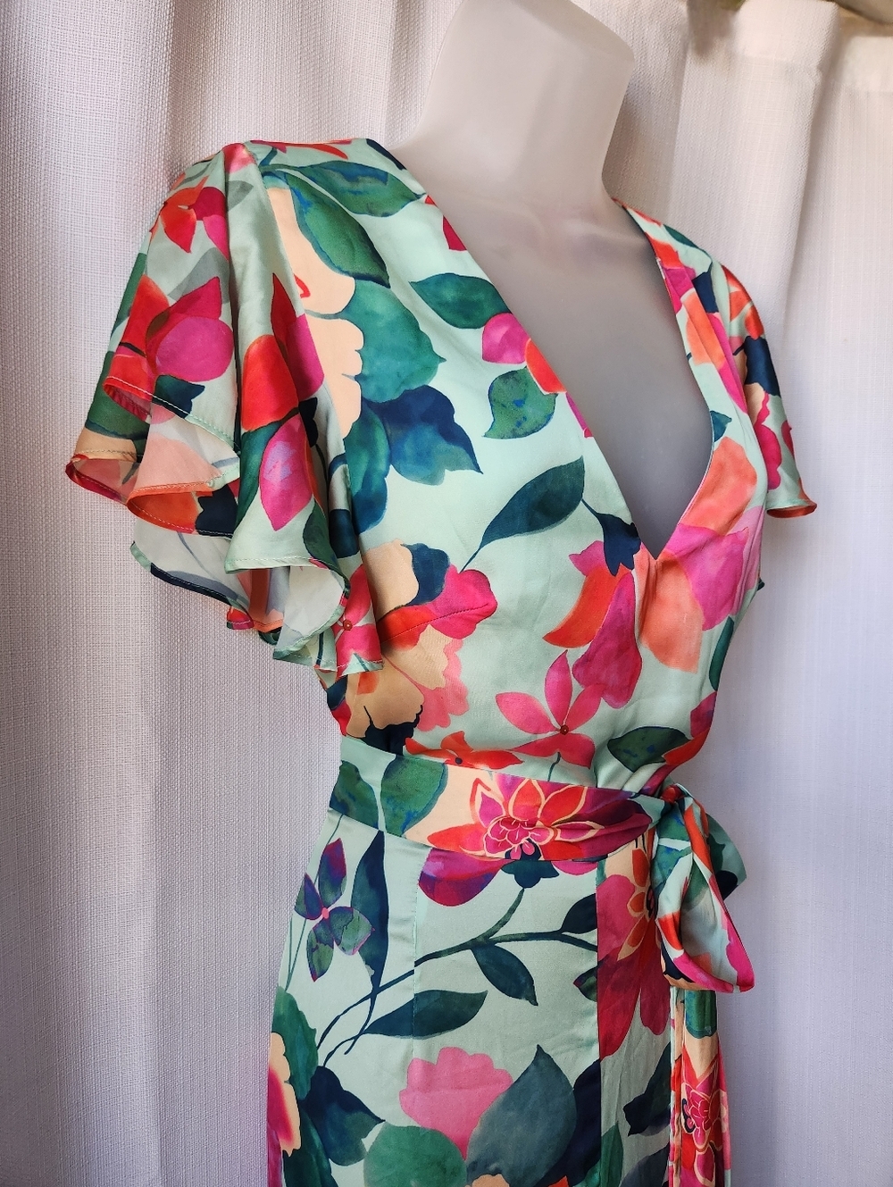 Zara Silky Floral V-Neck Wide-Leg Short Flutter Sleeve Jumpsuit Size L - Picture 5 of 12